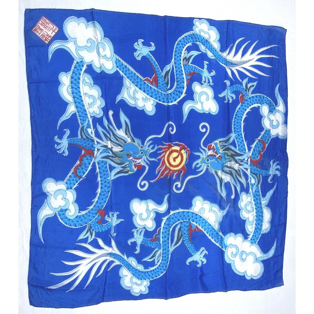 Vintage Chinese Blue Silk Dragon Square Scarf Flaming Pearl Cloud Print 27x27